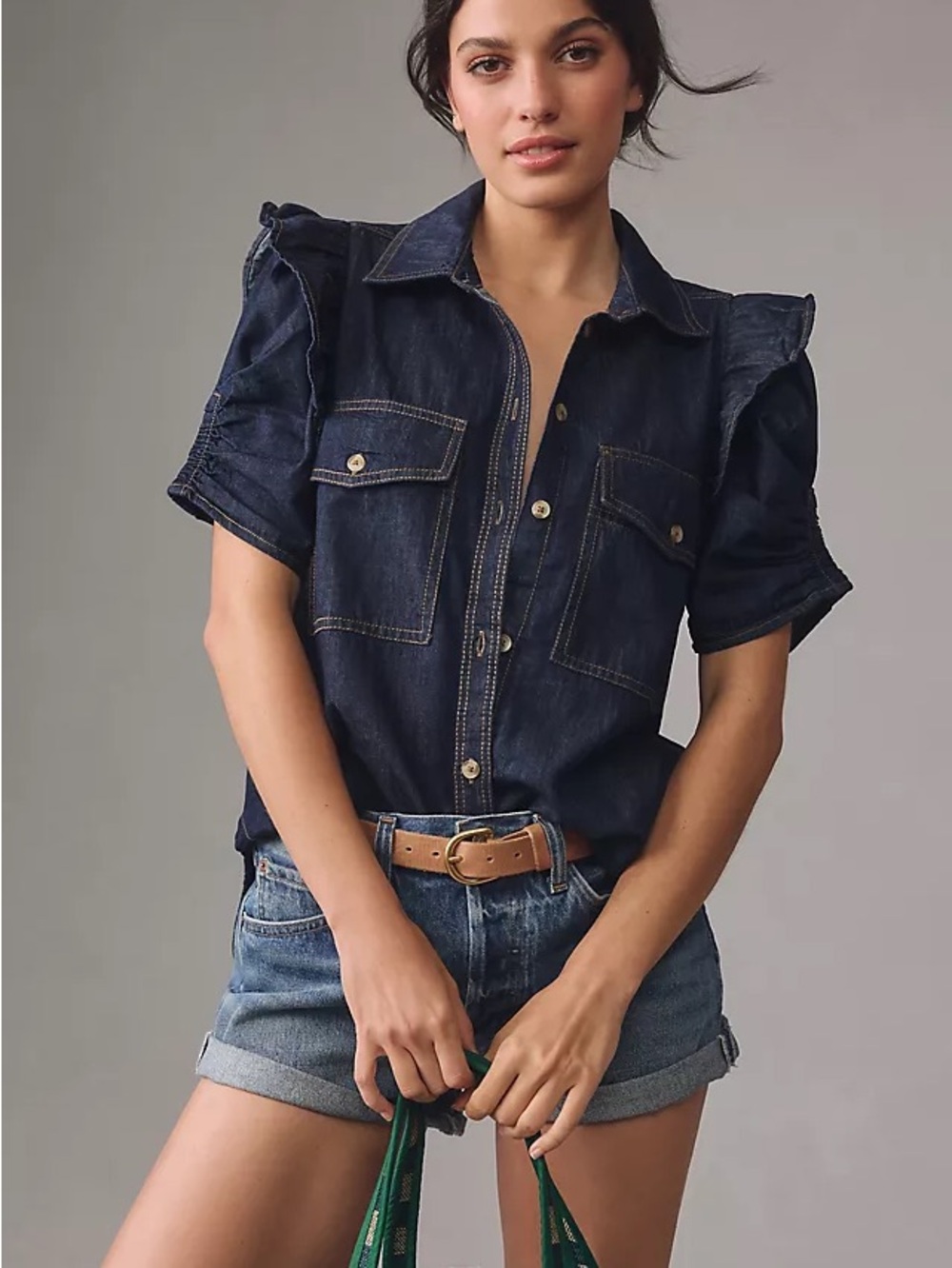 Anthropologie Ozzi Ruffle-Sleeve Buttondown Shirt by Pilcro